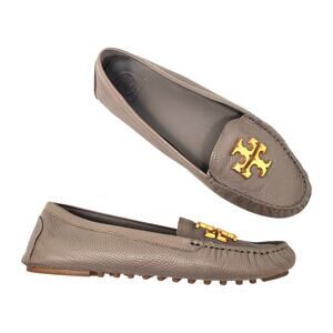 Tory Burch Everly Driver Loafers Shoes Leather French Gray Gold 85159 Size 8.5 M